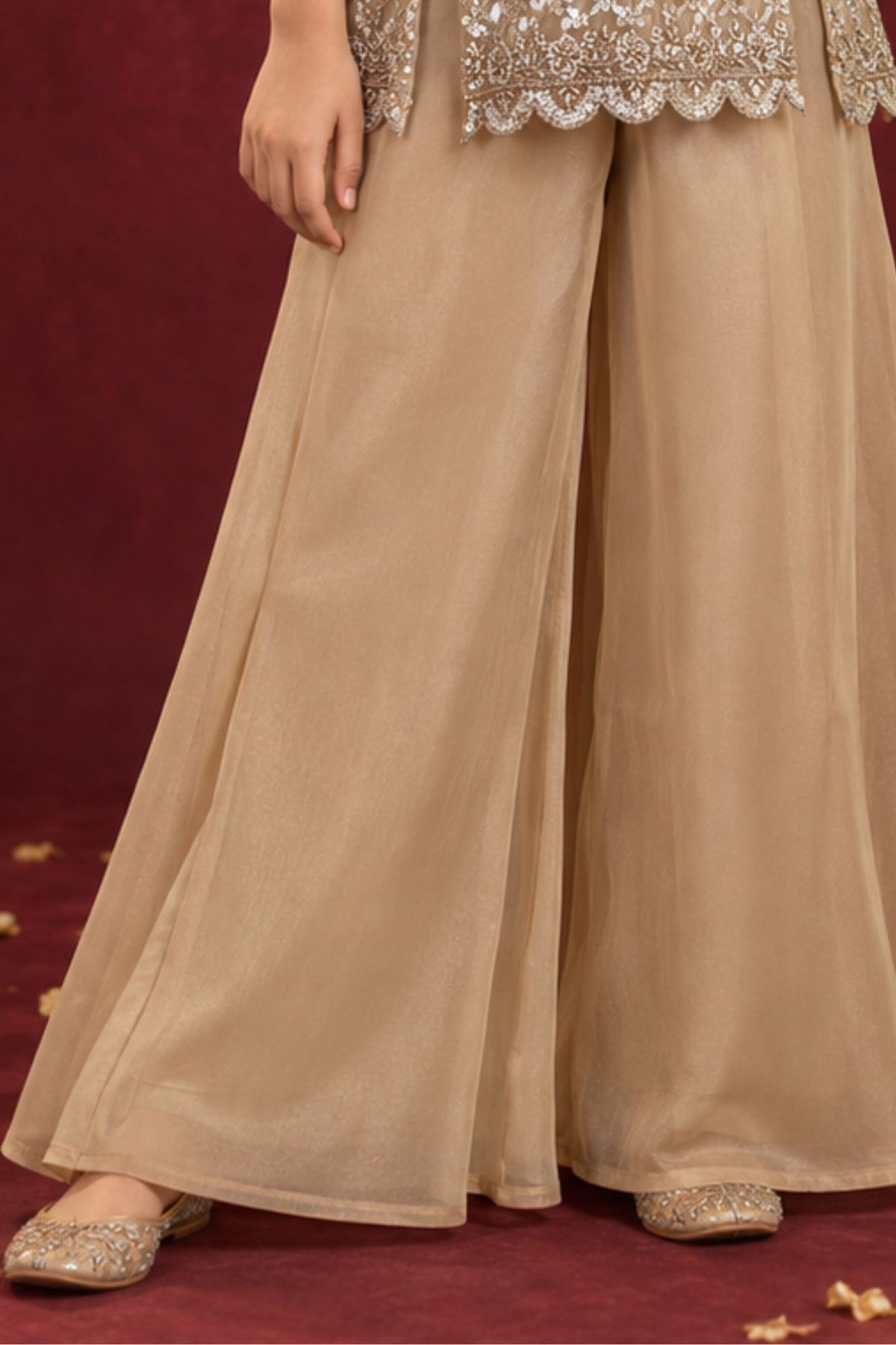 Champagne Sequin Gold Embellished Palazzo Set with Dupatta For Girls