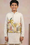 Beige Kurta Set  With Tropical Print Nehru Jacket For Boys