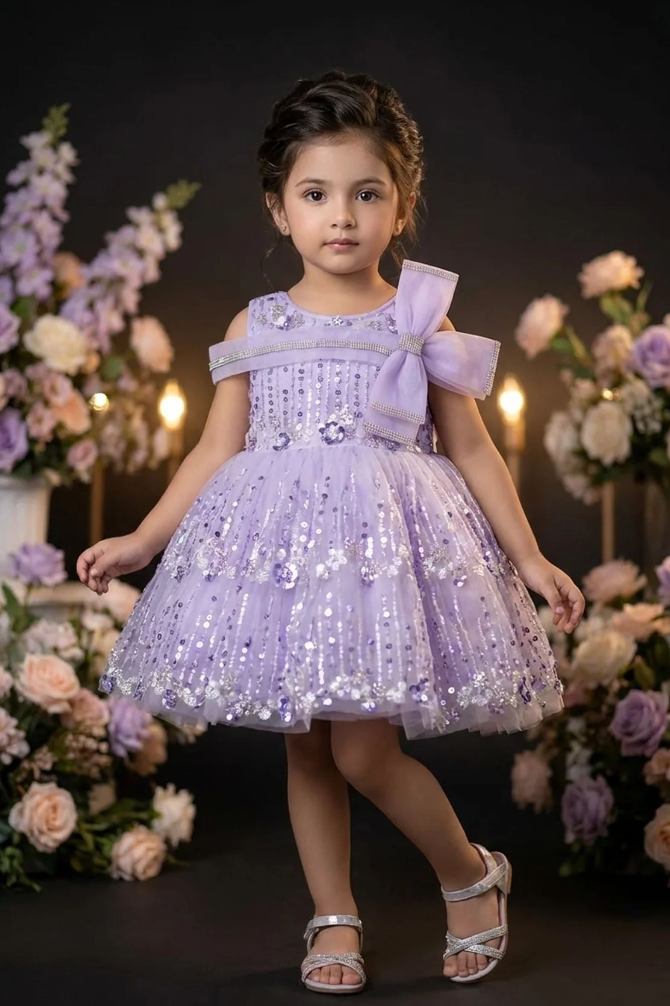 Girls Lavender Sequinned Party Wear Frock with Bow Detail