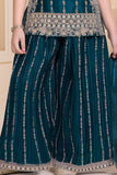 Peacock Blue Designer Embroidered Palazzo Set For Girls