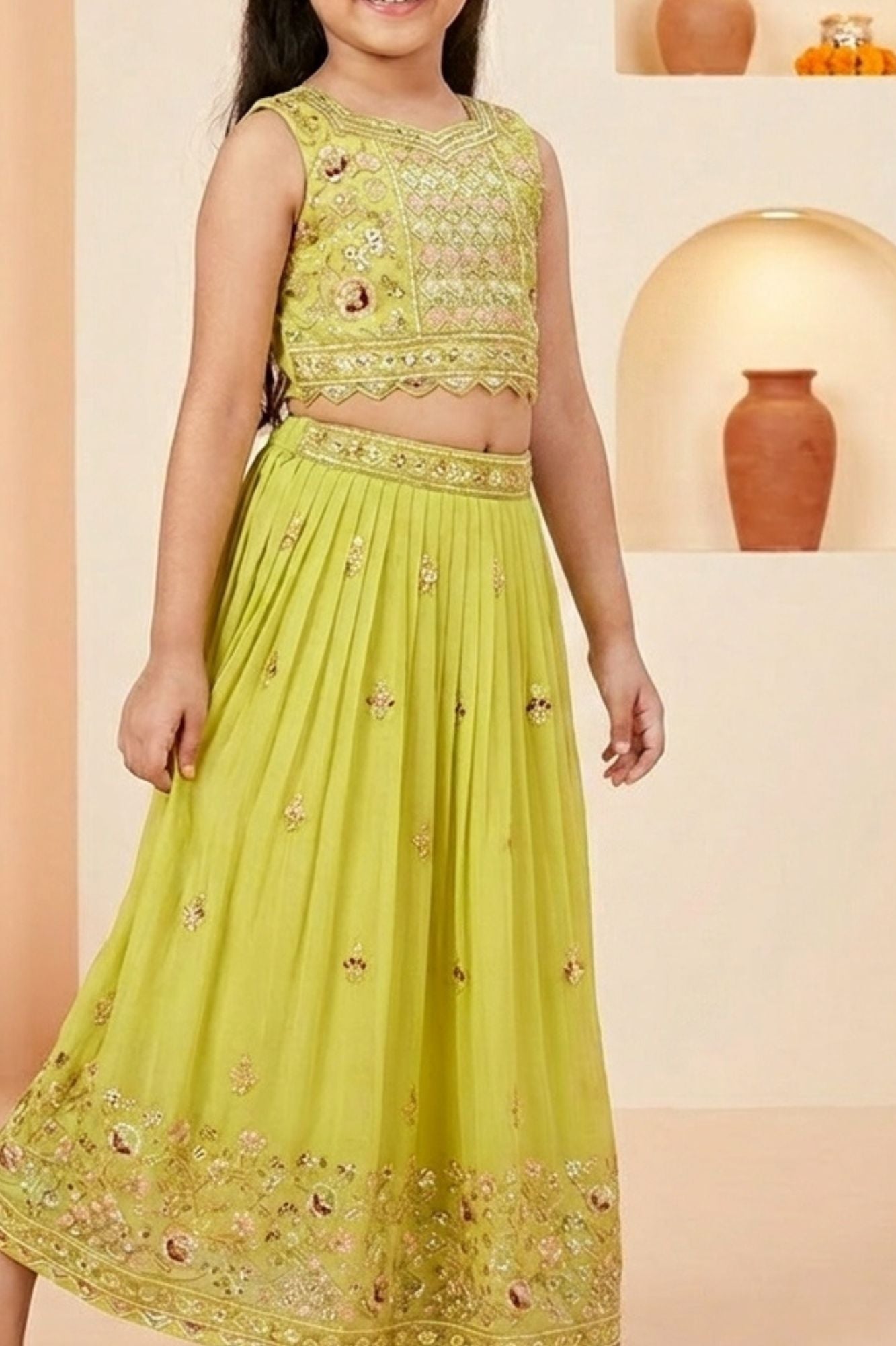 Girls Lime Yellow Embroidered Lehenga Choli Set