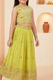 Girls Lime Yellow Embroidered Lehenga Choli Set