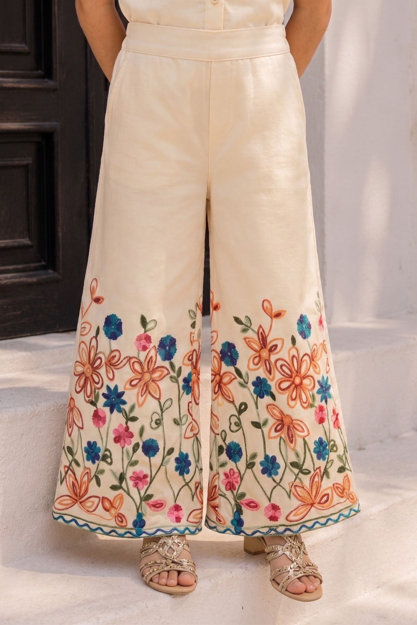 White Floral Embroidered Crop Top and Palazzo Co ord Set