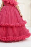 Rani Pink One-Shoulder Net Party Gown with Layered Ruffle Hem For Girls