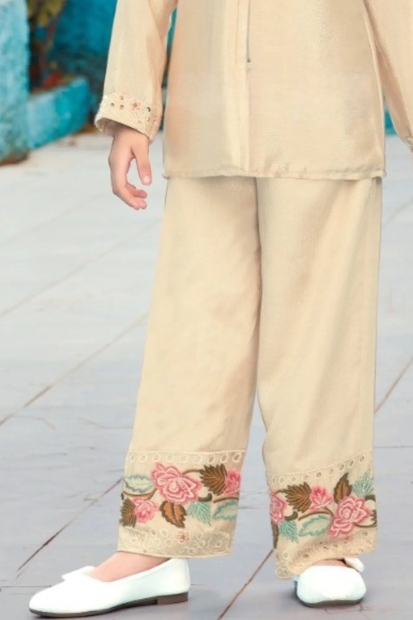 Beige Embroidered Ethnic Co-Ord Set For Girls