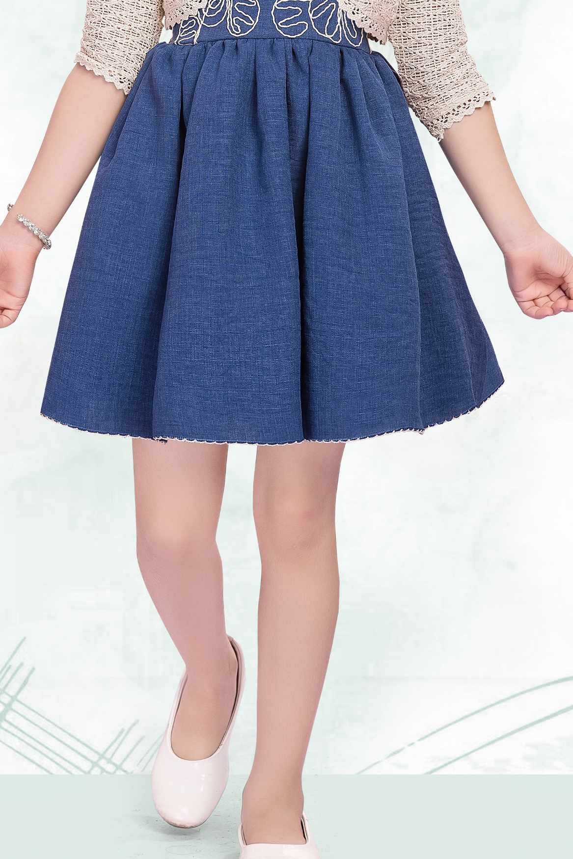Denim Blue Embroidered Dress With Crochet Shrug For Girls