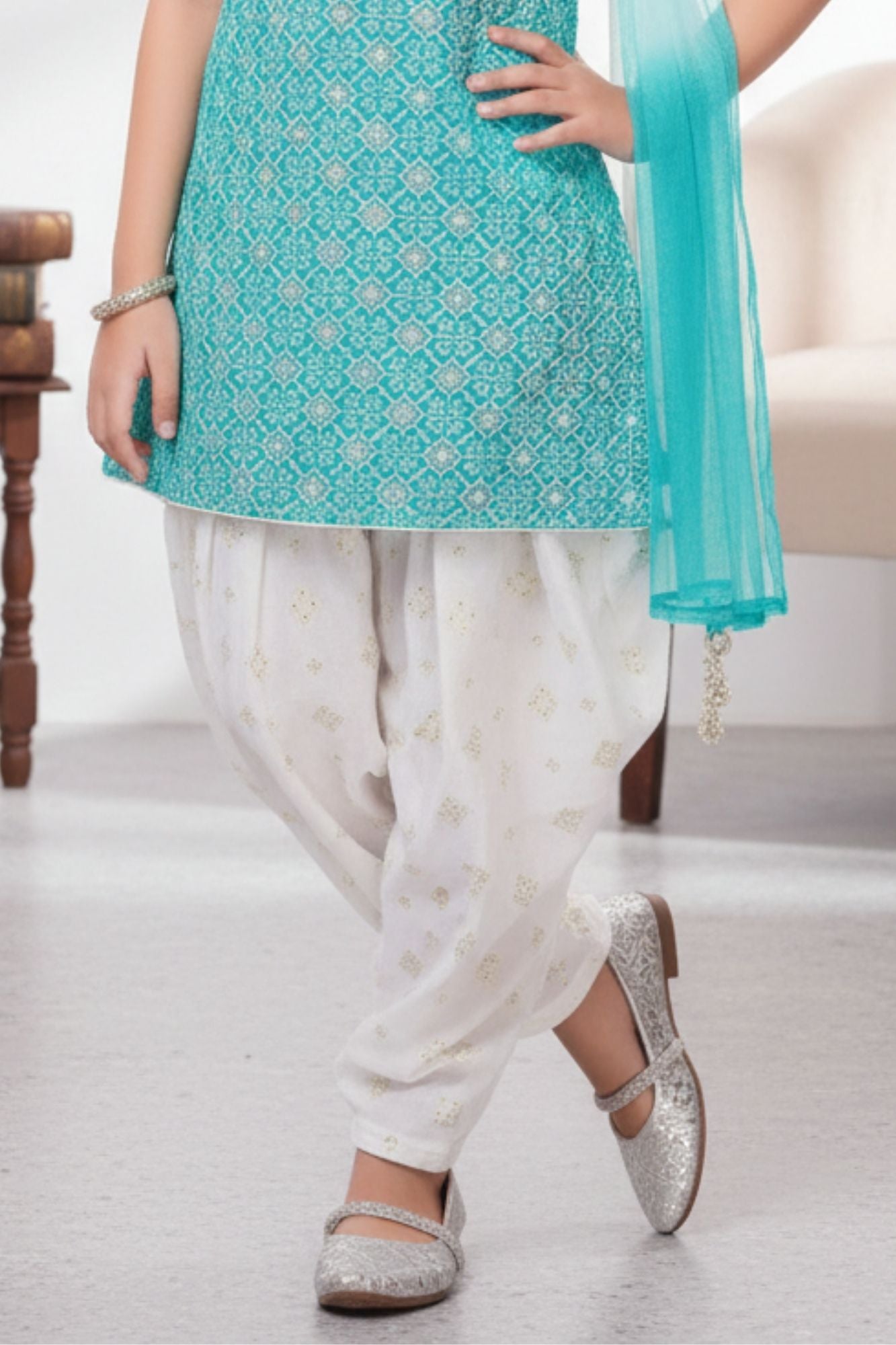 Aqua Blue Embroidered Patiala Suit Set With Dupatta For Girls