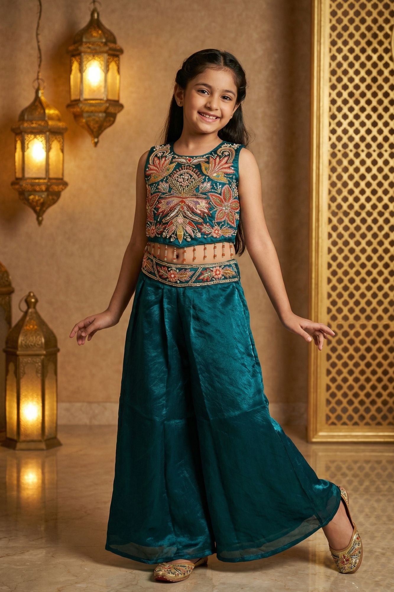 Blue Sequins Work With Thread Embroidery For Palazzo Set For Girls