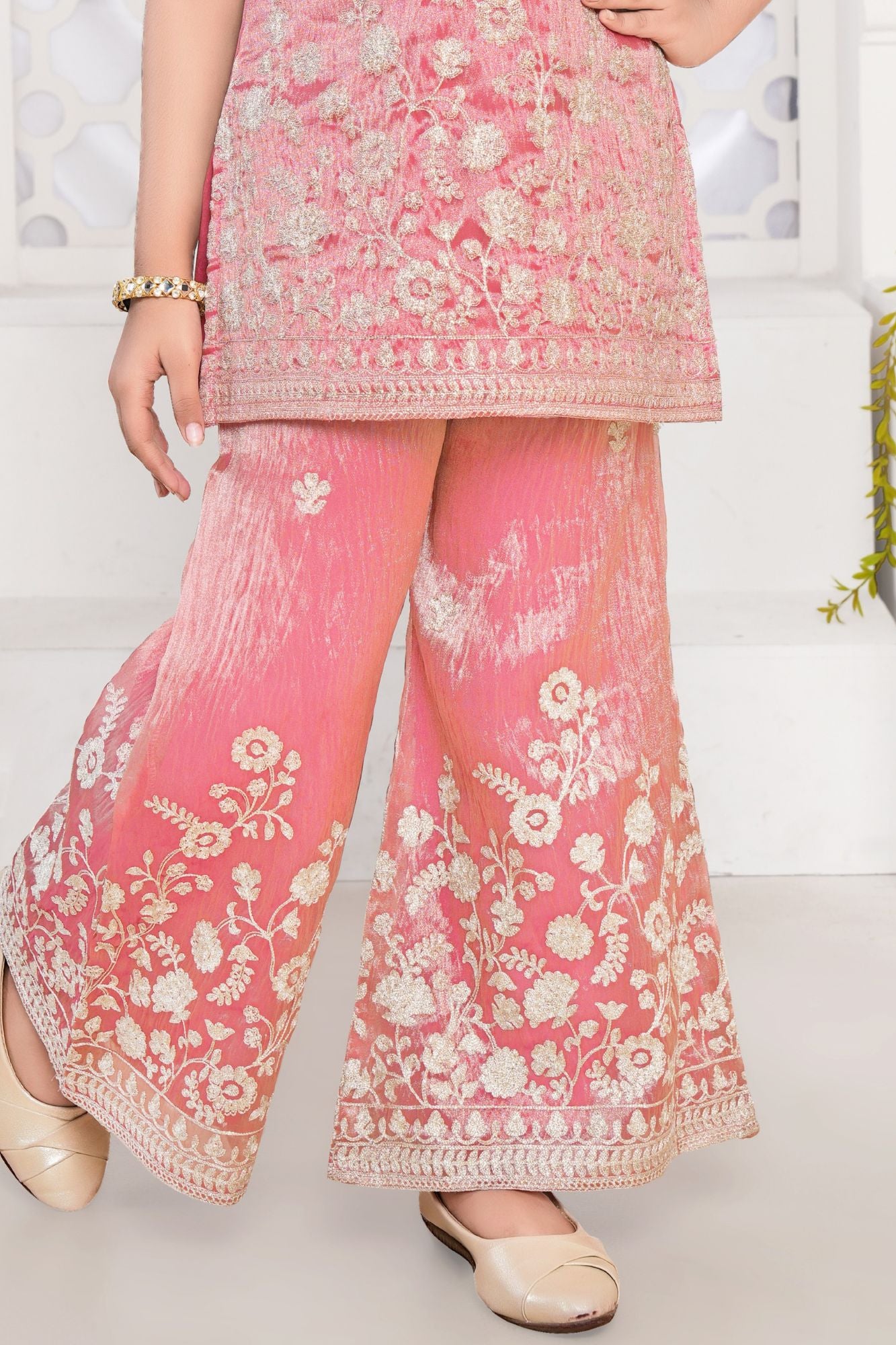 Girls Pink Floral Embroidered Kurti And Palazzo Set