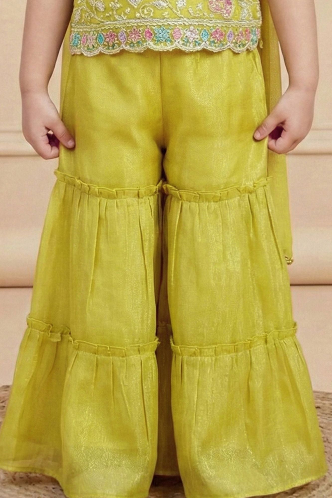 Lemon Yellow Embroidered Sharara Set With Dupatta For Girls