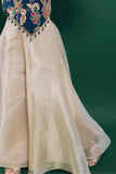 Navy Blue Embroidered Top with Cream Palazzo Set For Girls
