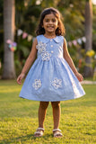 Charming Girls Blue Floral Applique A-Line Dress with Peter Pan Collar
