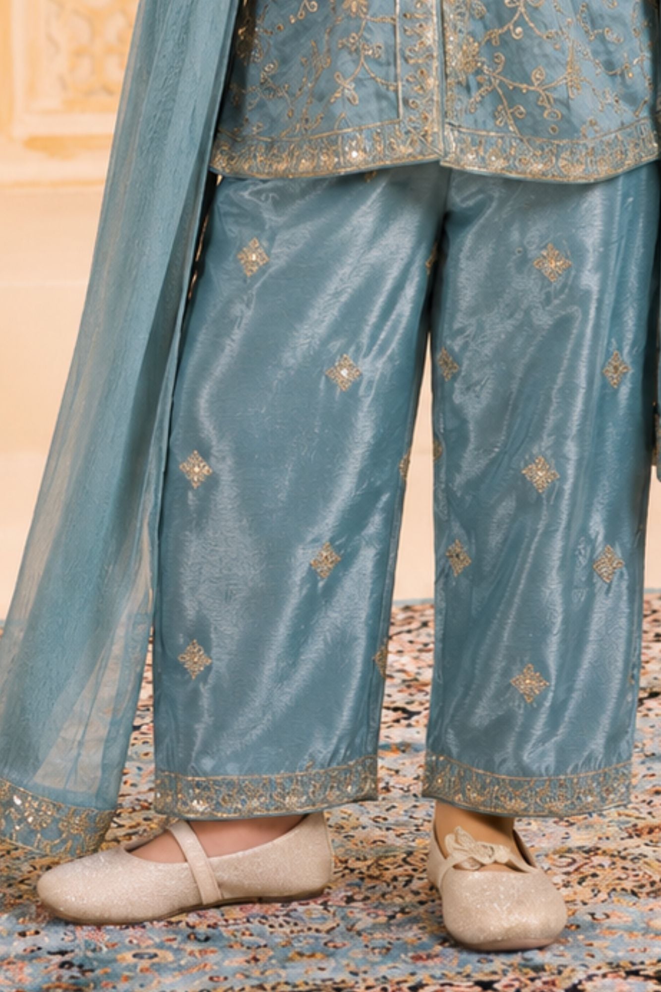 Aqua Blue Delicate Floral Vine Embroidered Palazzo Set with Dupatta