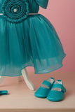 Teal Blue Party Frock with Pleated Flower Appliqué and Shimmer Finish For Girls