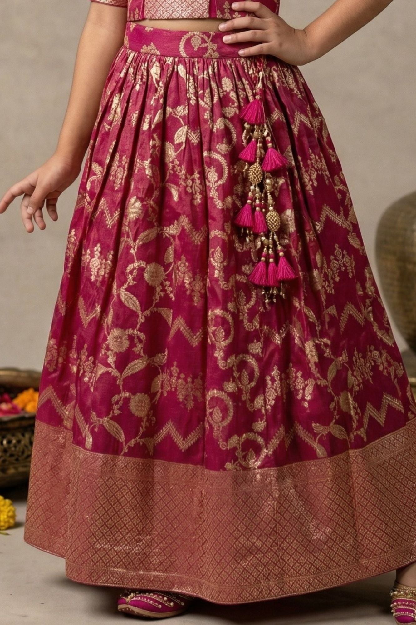 Rani Pink Embroidered Lehenga Choli with Dupatta For Girls