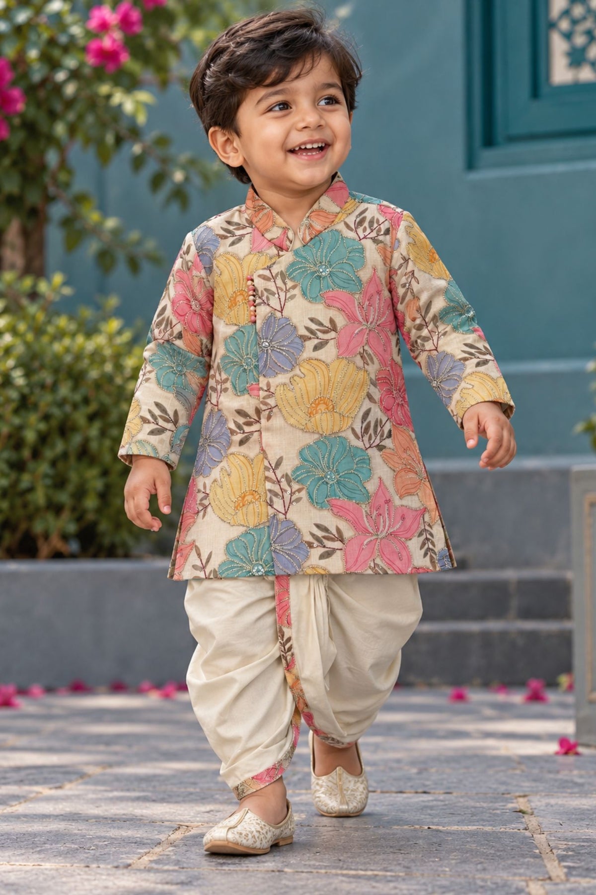 Boys Beige with Multicolor Floral Prints With Silver Embroidered Dhoti Set