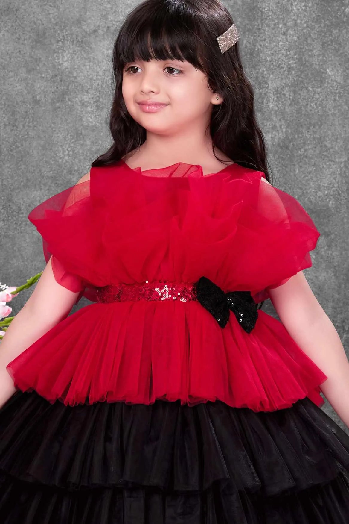 Red And Black Layered Tailback Party Dress For Girls