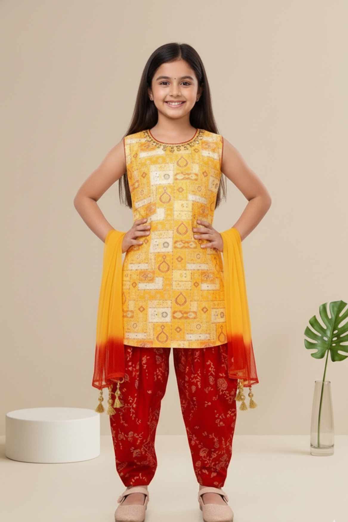 Yellow Kurti With Red Patiala Suit Set For Girls