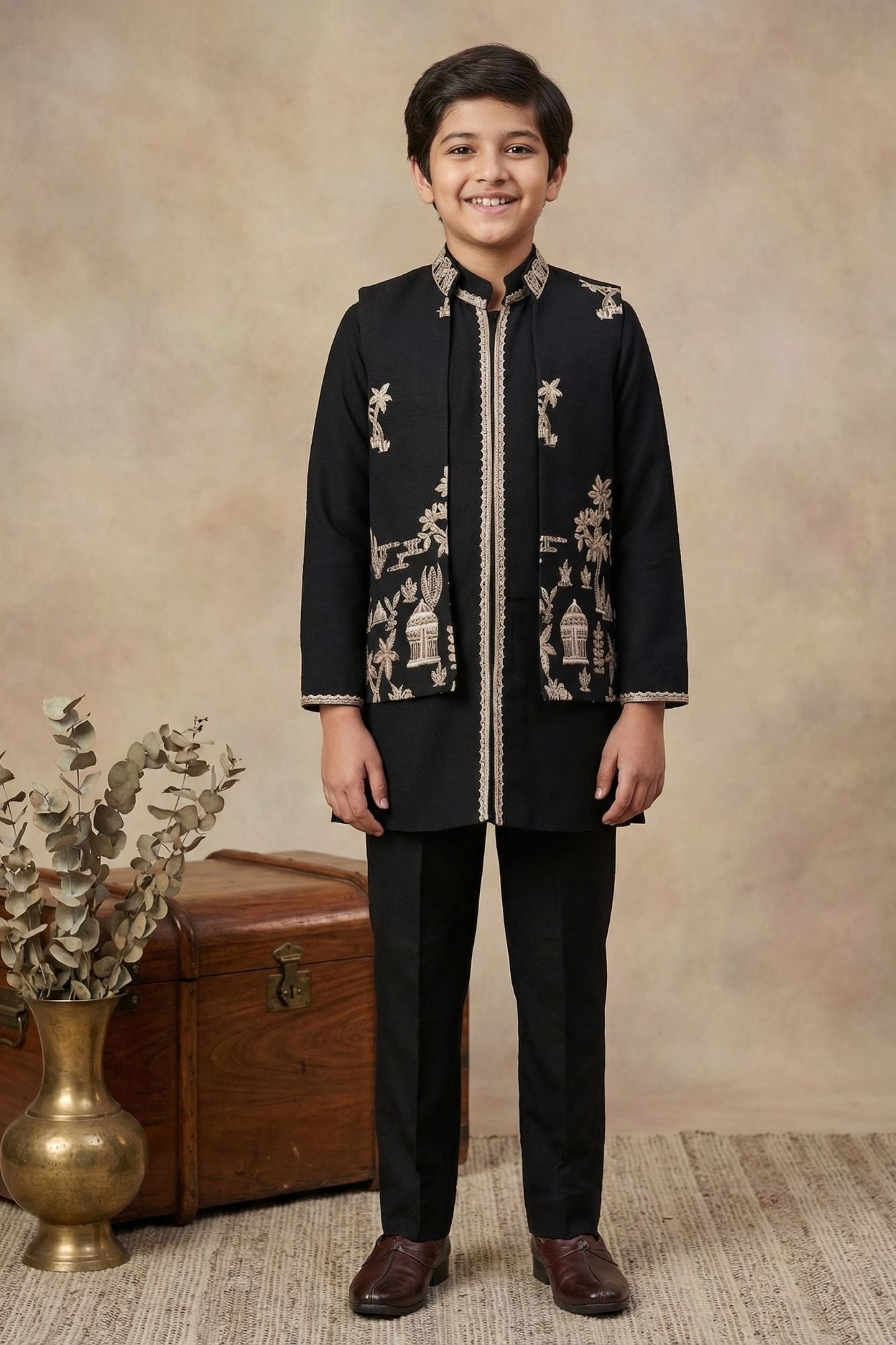Black Heritage Embroidered Kurta Set with Jacket For Boys