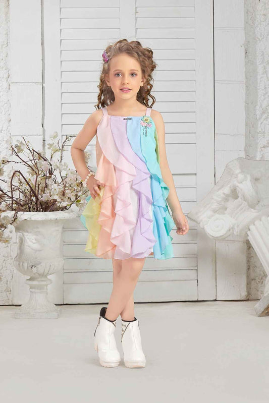 Multicolor Sleeveless And Vertical Layered Dress For Girls