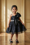 Black Party Frock With Sequin Bow And 3D Flower Detail For Girls