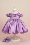 Purple Party Wear Frock with Shoulder Bows and Crystal Belt For Girls