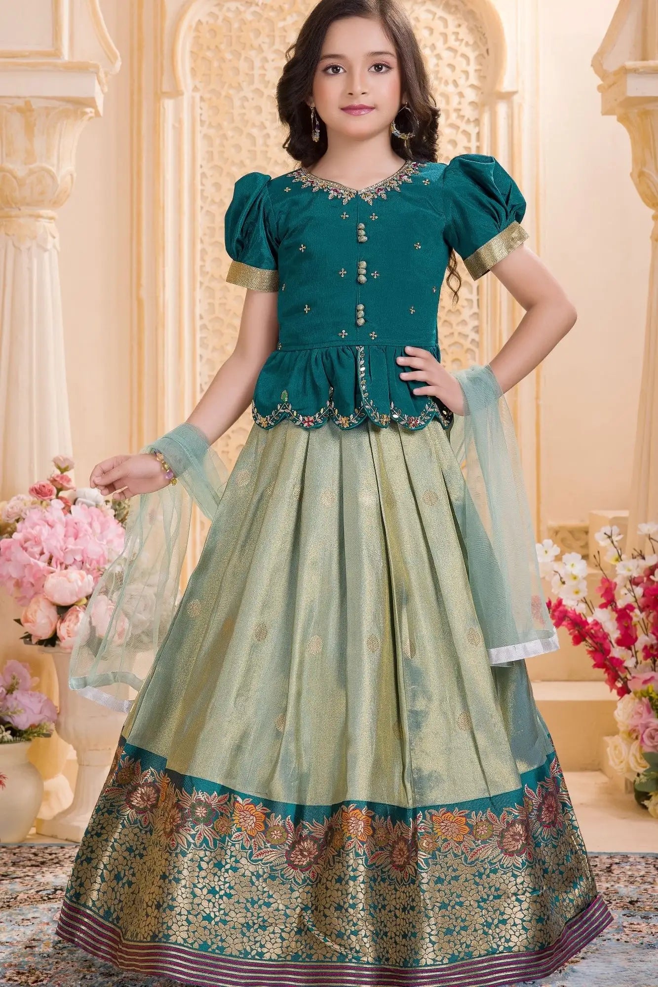 Rama Green Embroidered Pattu Pavadai Set with Zari Work For Girls