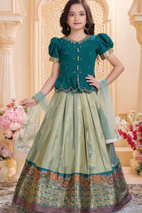Rama Green Embroidered Pattu Pavadai Set with Zari Work For Girls