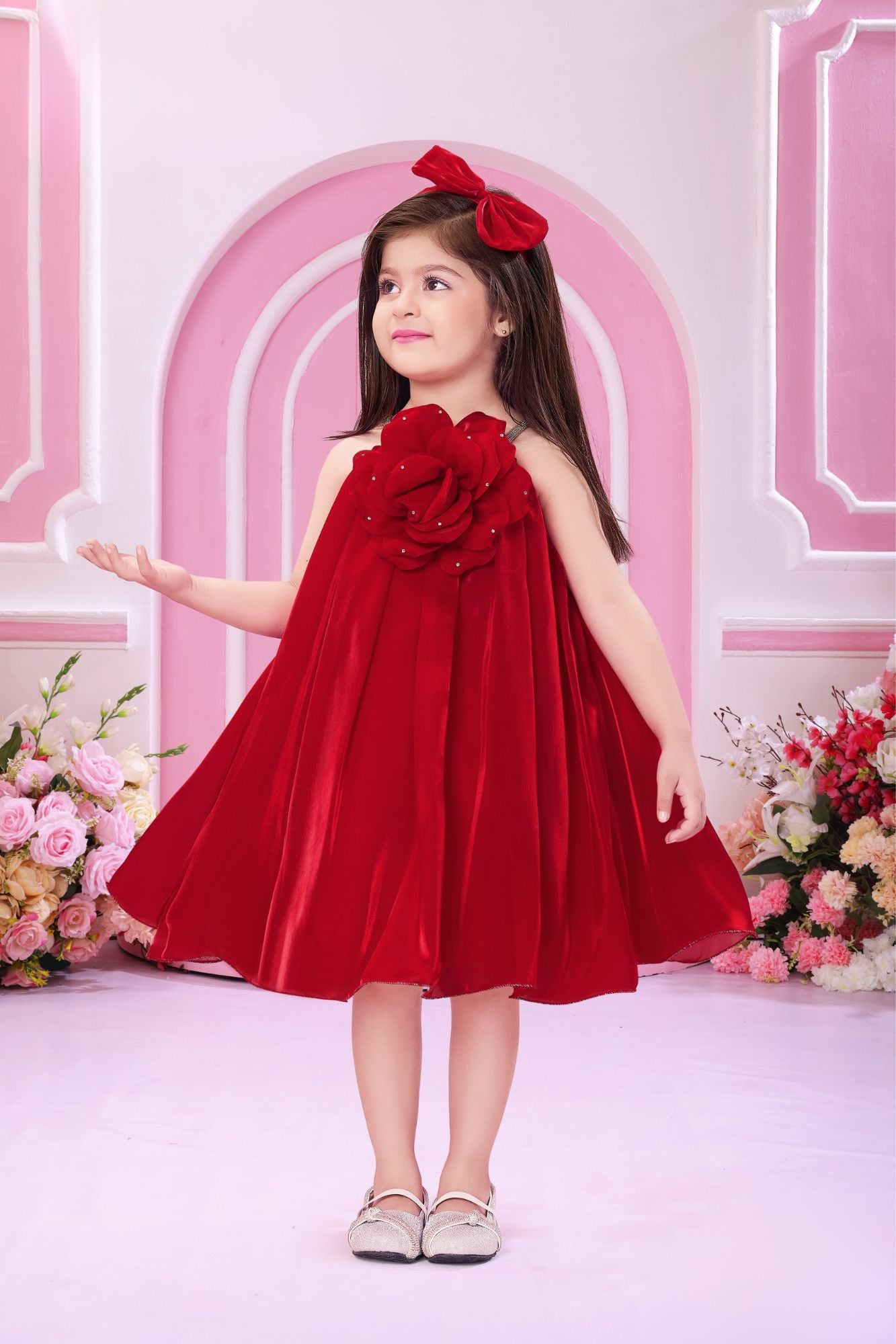 Red 3D Floral Applique Party Wear Frock for Girls