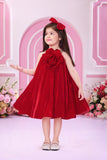 Red 3D Floral Applique Party Wear Frock for Girls