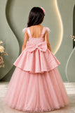 Girls Pink Layered Ball Gown with Feather Sleeves and Floral Accent
