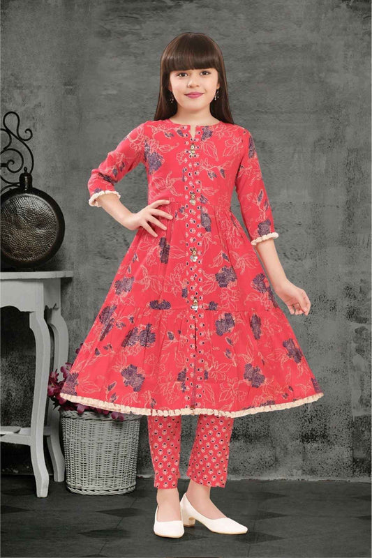 Dark Peach Floral Printed And Sequins Work Kurta With Pant Set For Girls