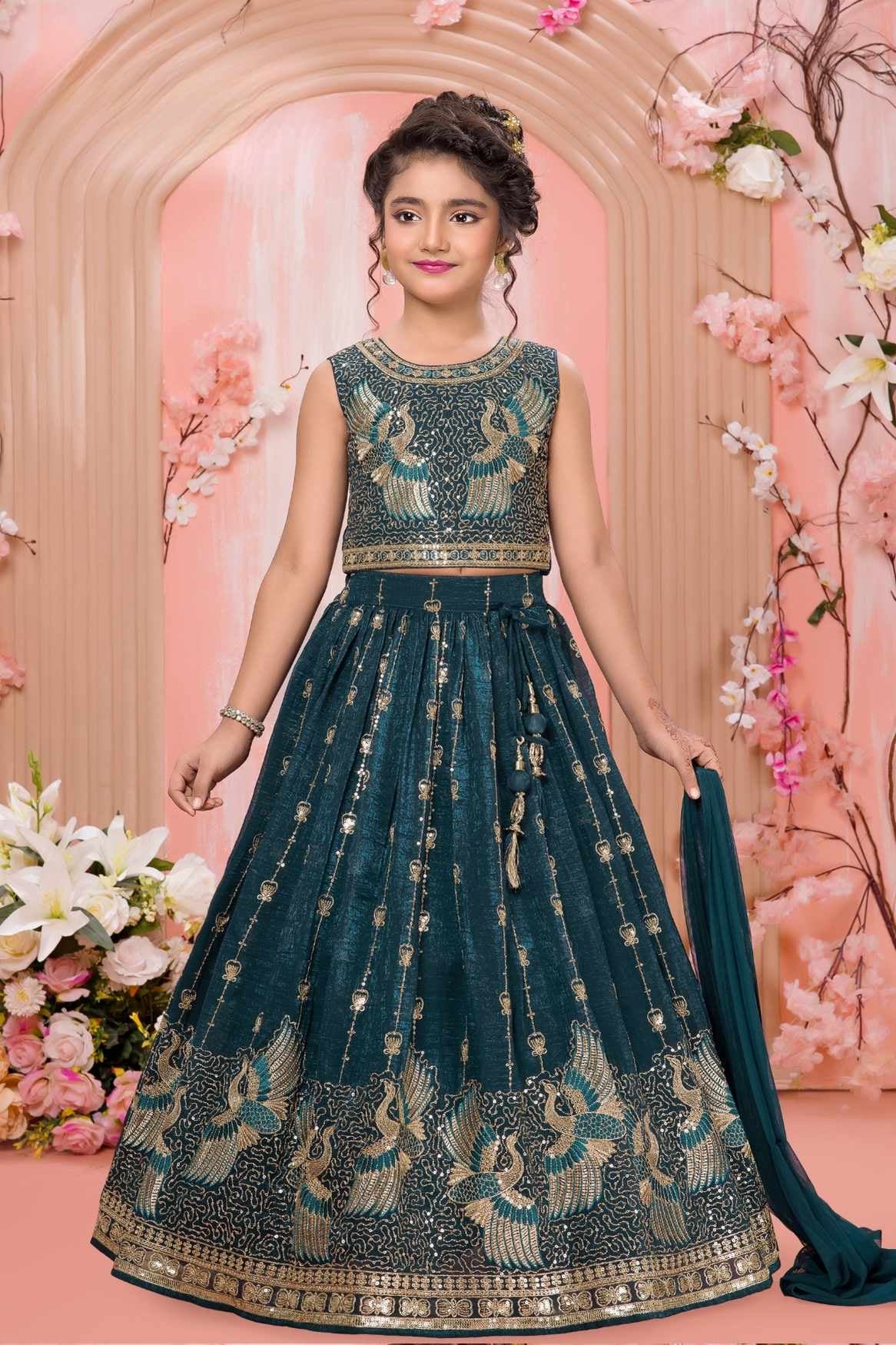 Deep Teal Peacock Embroidered Lehenga Choli Set For Girls