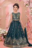 Deep Teal Peacock Embroidered Lehenga Choli Set For Girls
