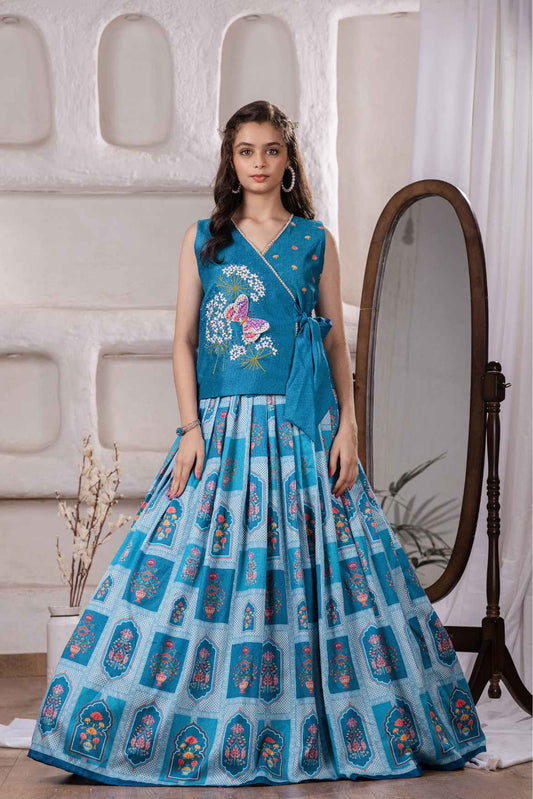 Blue Printed And Embroidered Lehenga Choli Set For Girls