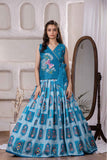 Blue Printed And Embroidered Lehenga Choli Set For Girls