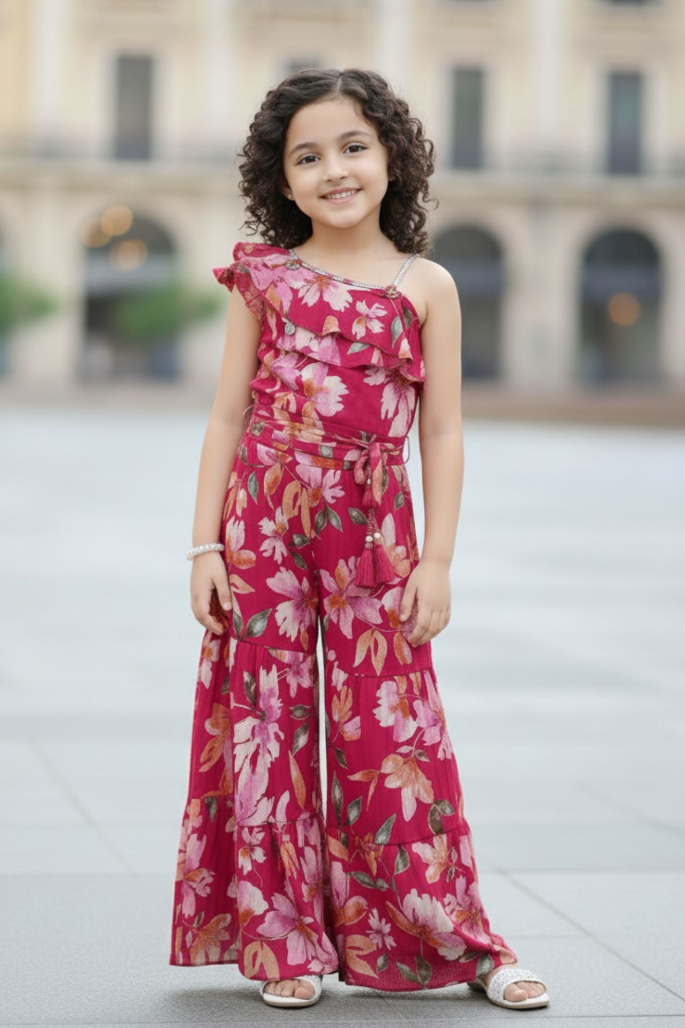 Cherry Red Floral Printed Casual Co Ord Set For Girls