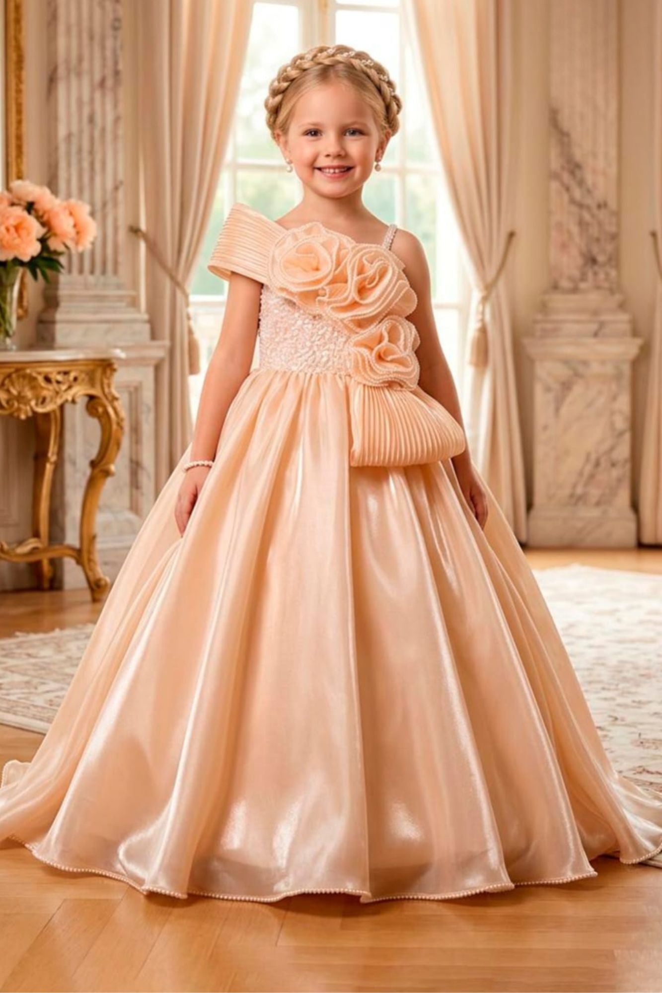 Girls Peach One-Shoulder Party Gown with 3D Floral Ruffles