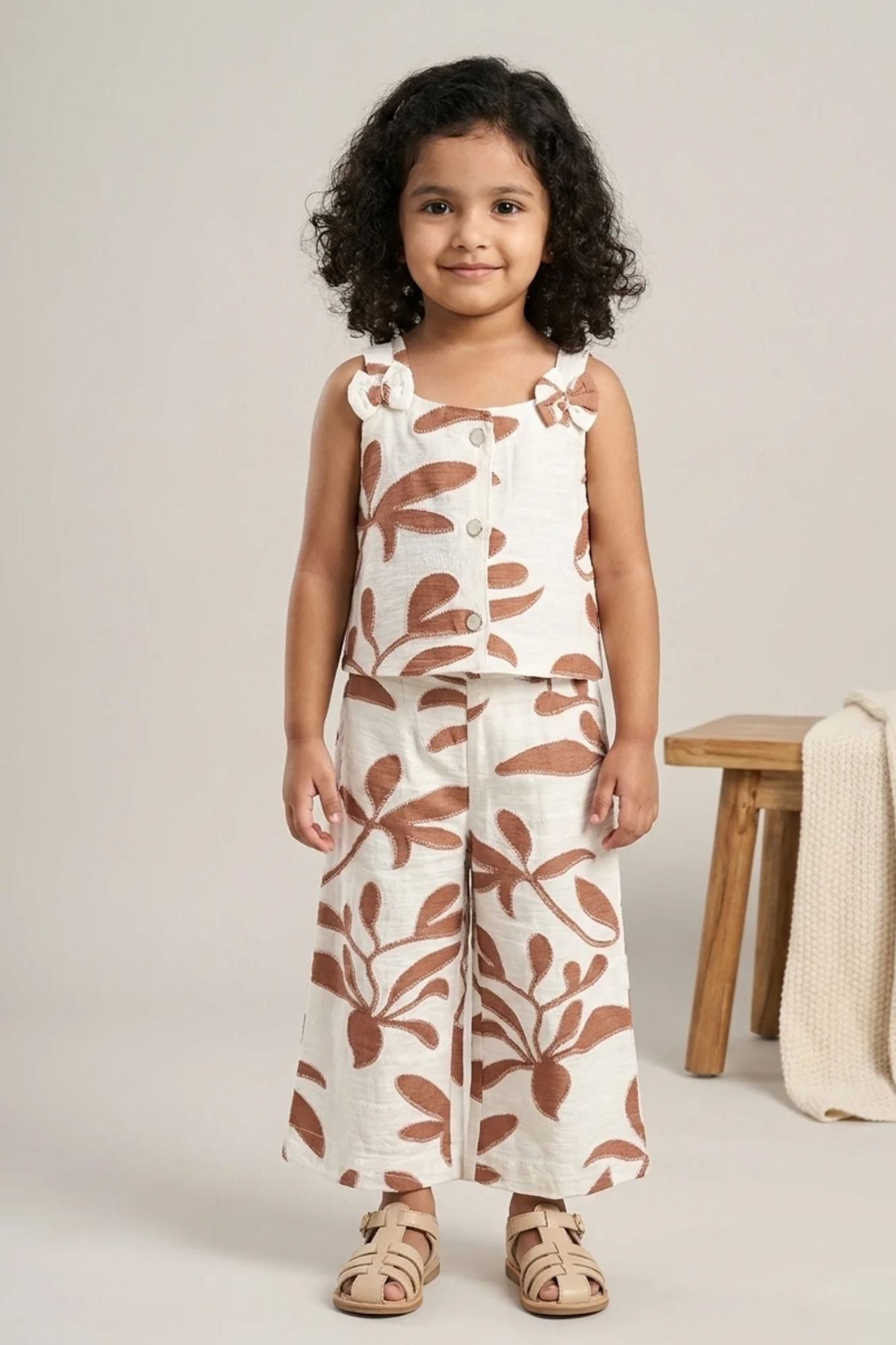 Girls White And Brown Floral Printed Co-Ord Set with Sleeveless Bow Strap Top And Flared Pants