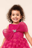 Rani Pink 3D Floral Appliqué Party Gown With Pleated Bow And Butterfly Brooch For Girls