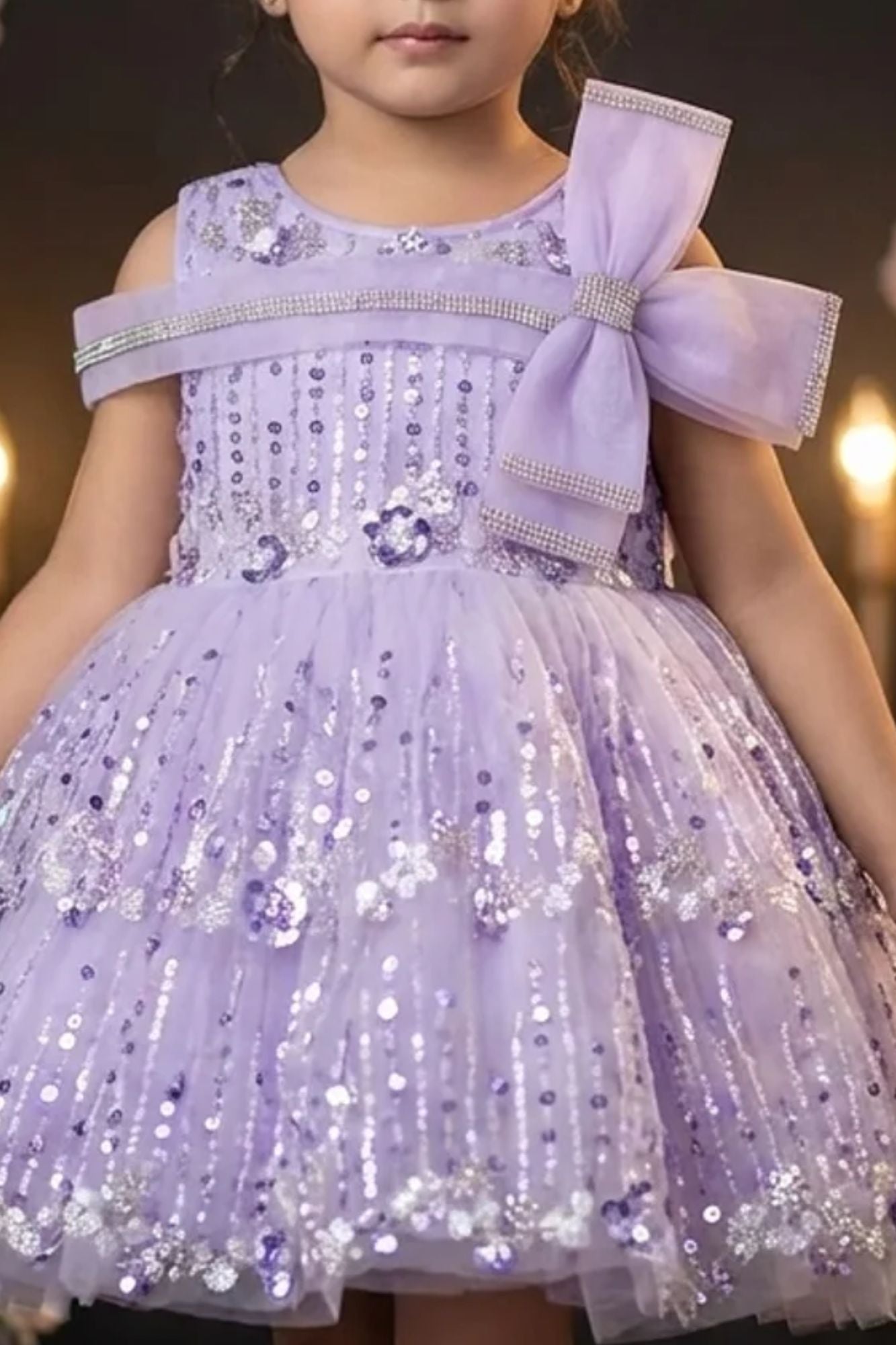 Girls Lavender Sequinned Party Wear Frock with Bow Detail