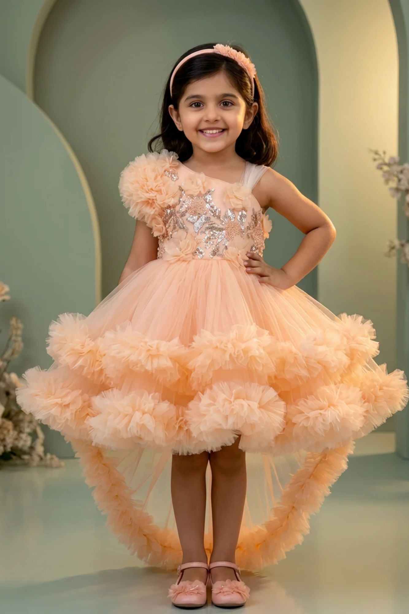 Girls Peach Party Frock with Floral Applique and Layered Tulle