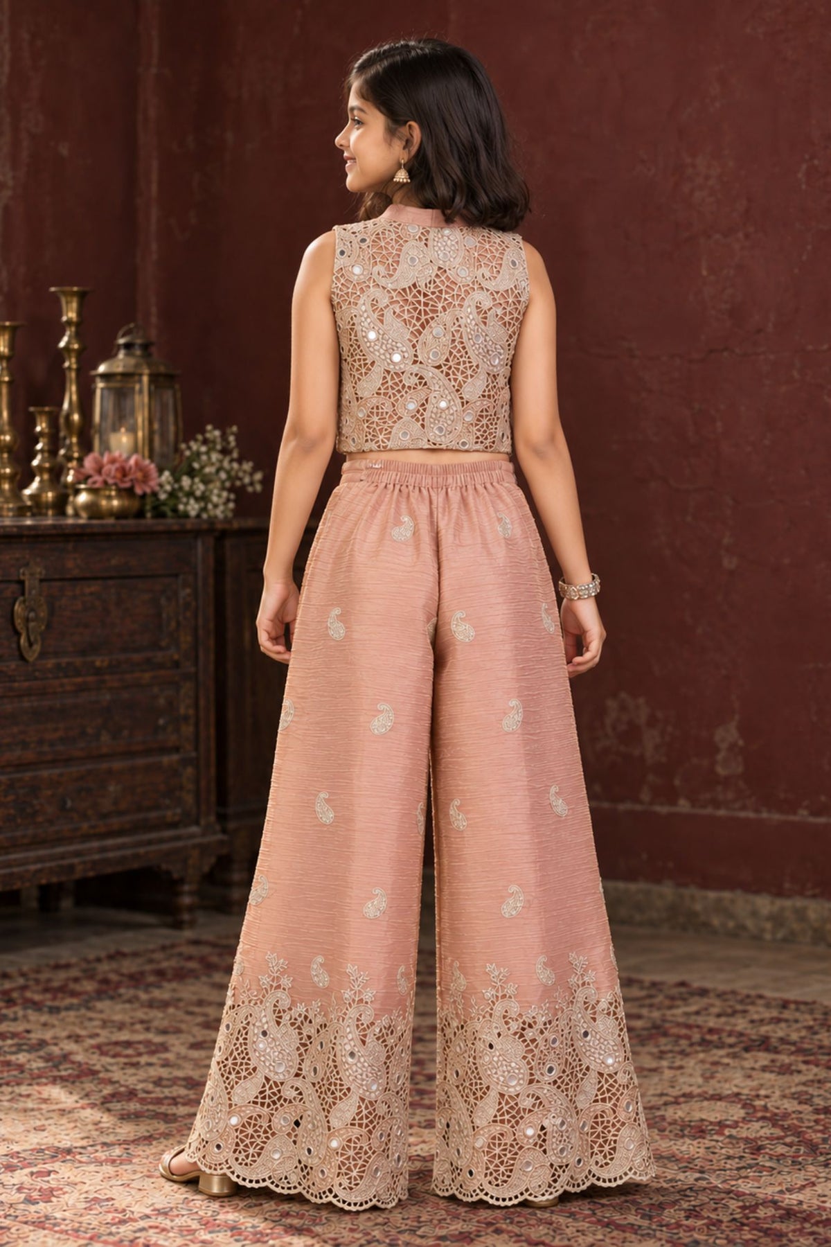 Girls Blush Peach Embroidered Jacket Palazzo Set