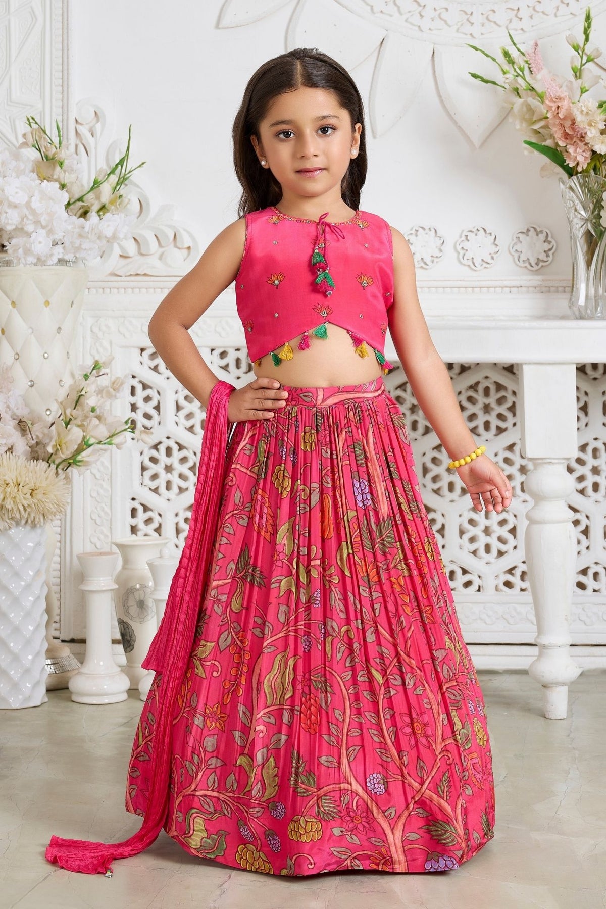 Girls Rani Pink Floral Printed Lehenga Choli With Dupatta