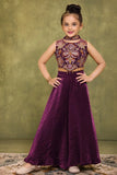 Plum Purple Embroidered Palazzo Set For Girls