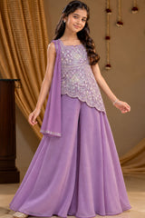 Girls Lavender Sequin Embroidered Asymmetric Palazzo Set With Dupatta