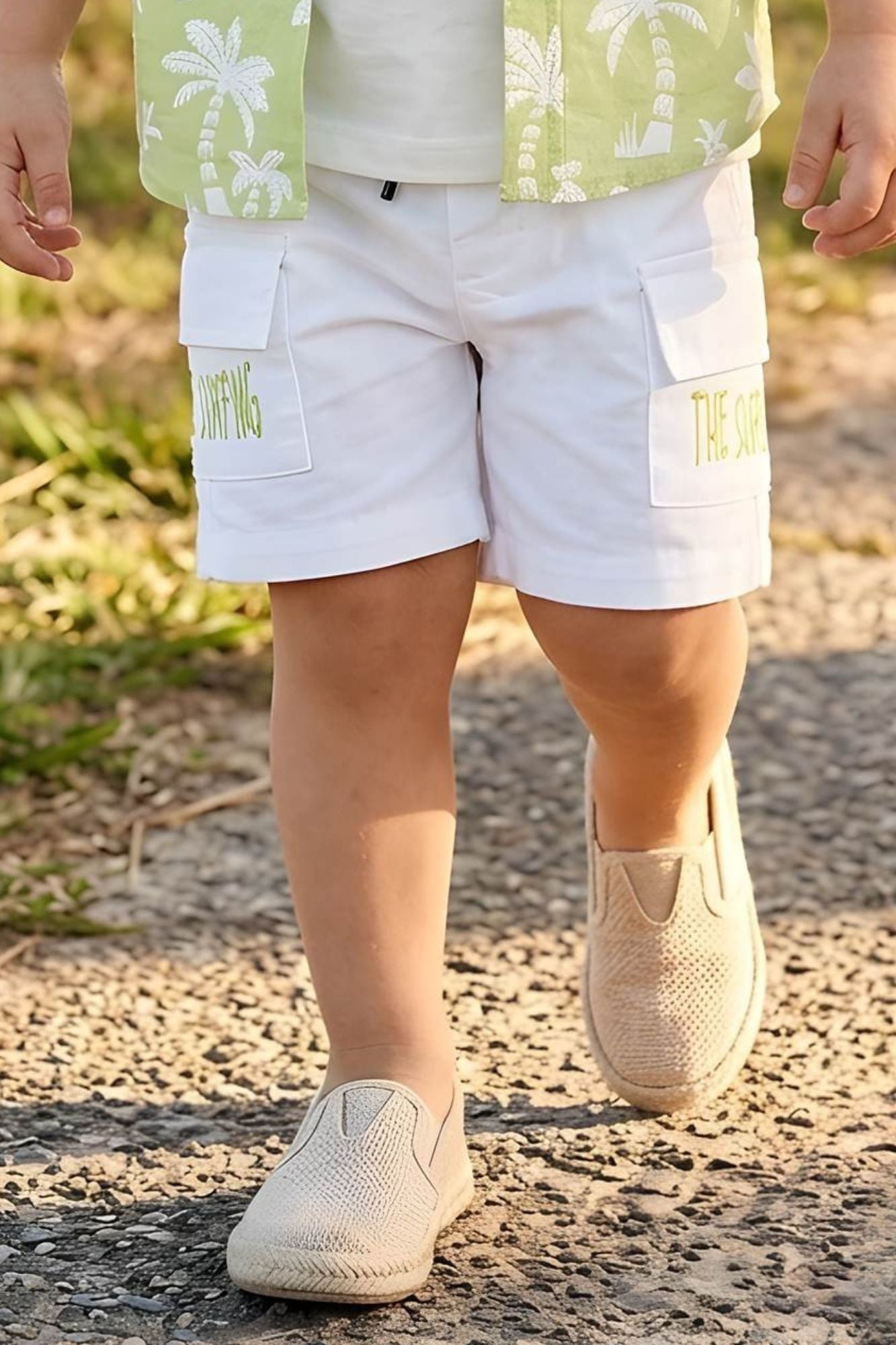 Boys Lime Green Tropical Printed Shirt with White Cargo Shorts Co-Ord Set