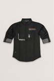 Black Utility Style Shirt With Graphic Prints And Roll-Up Sleeves For Boys