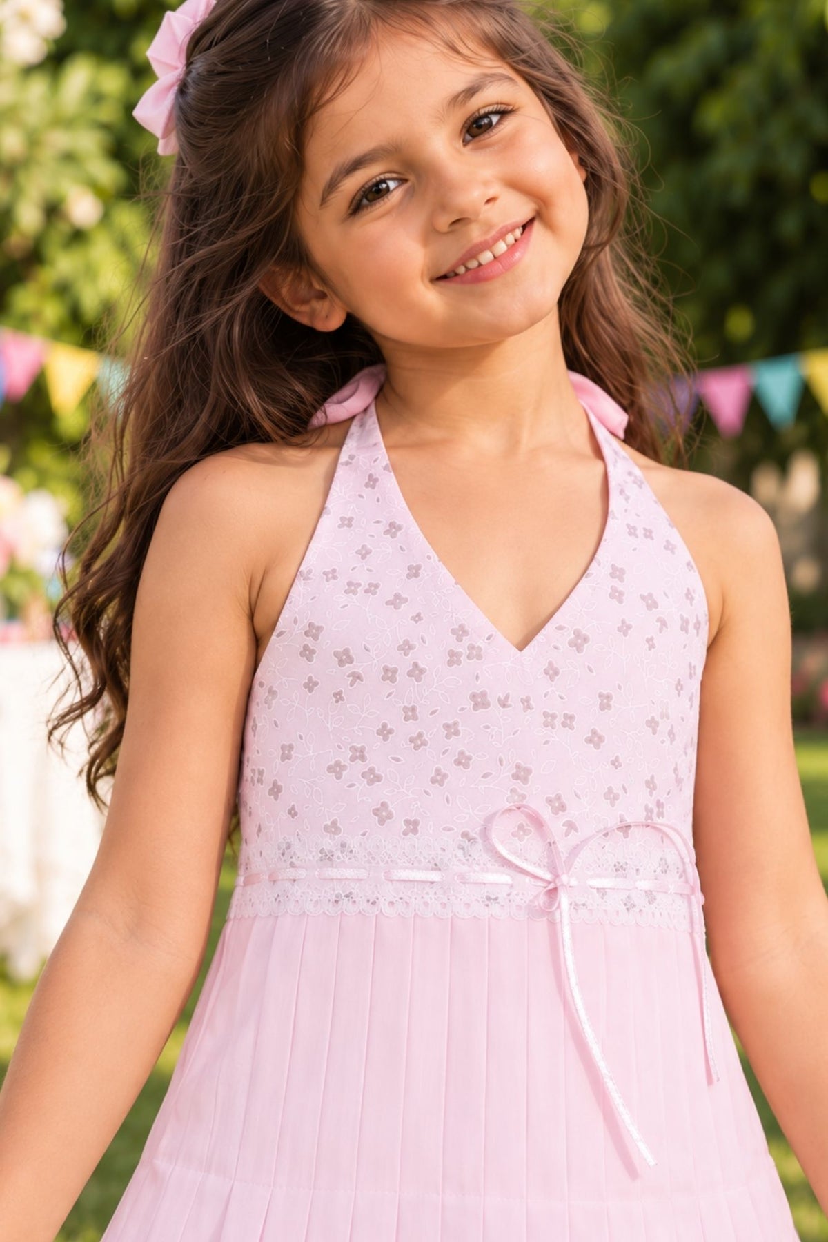 Girls Light Pink Floral Lace Halter Neck Pleated Dress