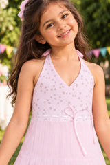 Girls Light Pink Floral Lace Halter Neck Pleated Dress